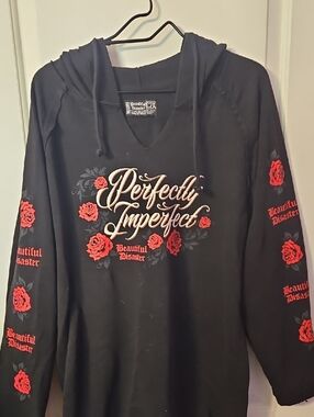 Beautiful Disaster 'Perfectly Imperfect' Black Hoodie with Red Rose Print